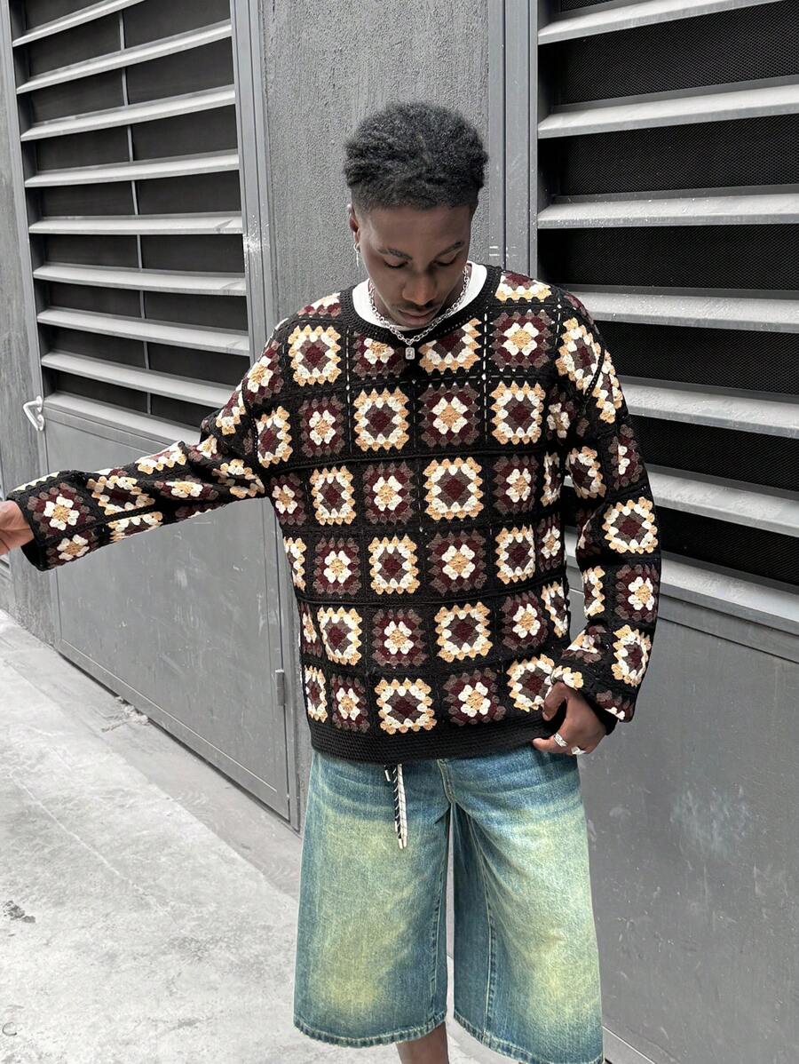 Manfinity VCAY Men's Loose Fit Soluble Flower All-Over Print Crew Neck Pullover Sweater, Suitable For Autumn/Winter