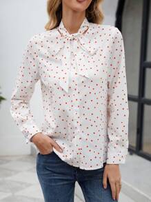 INAWLY قميص أنيق طويل الأكمام طوق ربطة عنق بطبعة قلوب للنساء في فصل الخريف - أبيض - مشاهدة 5