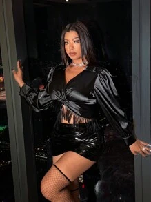Allurite Plus Size Women's Black Satin V-Neck Long Sleeve Blouse With Tassel, Elegant And Sexy For Formal Occasions Valentine's Day