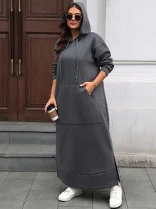 SHEIN LUNE Plus Size Women's Solid Color Hooded Dress, Autumn/Winter