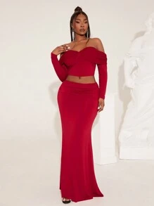 SHEIN SXY Conjunto de 2 piezas talla grande para mujer - Parte superior versátil con decoración de lazo en los hombros y falda de cola de sirena con pliegues en la cintura, apta para otoño e invierno, disfraz de Nochebuena, fiesta, cumpleaños, despedida de soltera, casual, para ir de compras, salir, fácil de combinar y estilizador