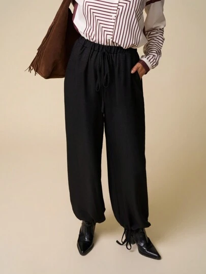 LanaWest Women's Black Textured Drawstring Ankle Pants, Design-Forward Fall Cloth For Women