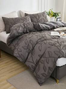 3 Stücke Polyester, weich & bequem, grau geschnittenes Blättermuster, Moderne Bettwäsche-Set (1 Bettbezug + 2 Kissenbezüge, ohne Füllung), geeignet für Heim-Dekoration, Schlafzimmer Nutzung, Ganzjährig