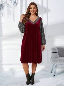 EMERY ROSE Plus Size Christmas V-Neck Sequins Patchwork Elegant Long Sleeve Winter Dress Christmas Dress