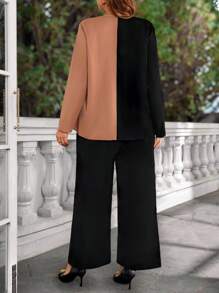 EMERY ROSE Plus Size Women 2pcs Set Contrast Notched V-Neck Long Sleeve Shirt And Wide Leg Pants, Casual,Winter Clothes For Women