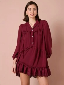 Enchnt Vestido Casual Feminino de Cor Sólida com Babado, Outono - Vinho - Visão 5