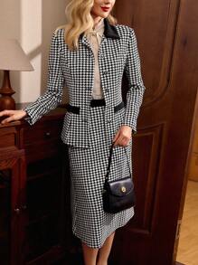 Vintamour Elegant Women's 2 Pieces Suit Set,Houndstooth Patchwork Black And White Long Sleeve Jacket&High Waist Pleated Skirt With Pockets,Summer Office Outfit - Black and White - View 5