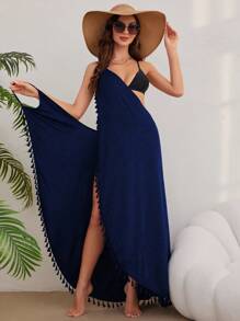 Swim Vcay 女性夏季海灘流蘇包裹式露背沙灘和服，帶有細肩帶