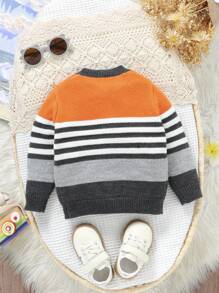 1 pezzo Cardigan maglia a costine, design a righe multicolore, comodo, classico collo a equipaggio, manica lunga, giacca casual e alla moda per autunno/inverno