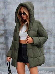 RueChic Zipper Front Hooded Padded Coat - Khaki - View 1