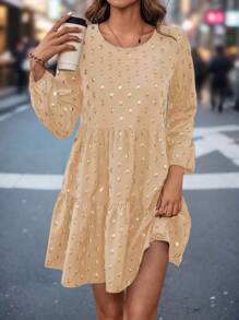 Chiquease 女士箔波点印花圆领灯笼袖宽松娃娃裙