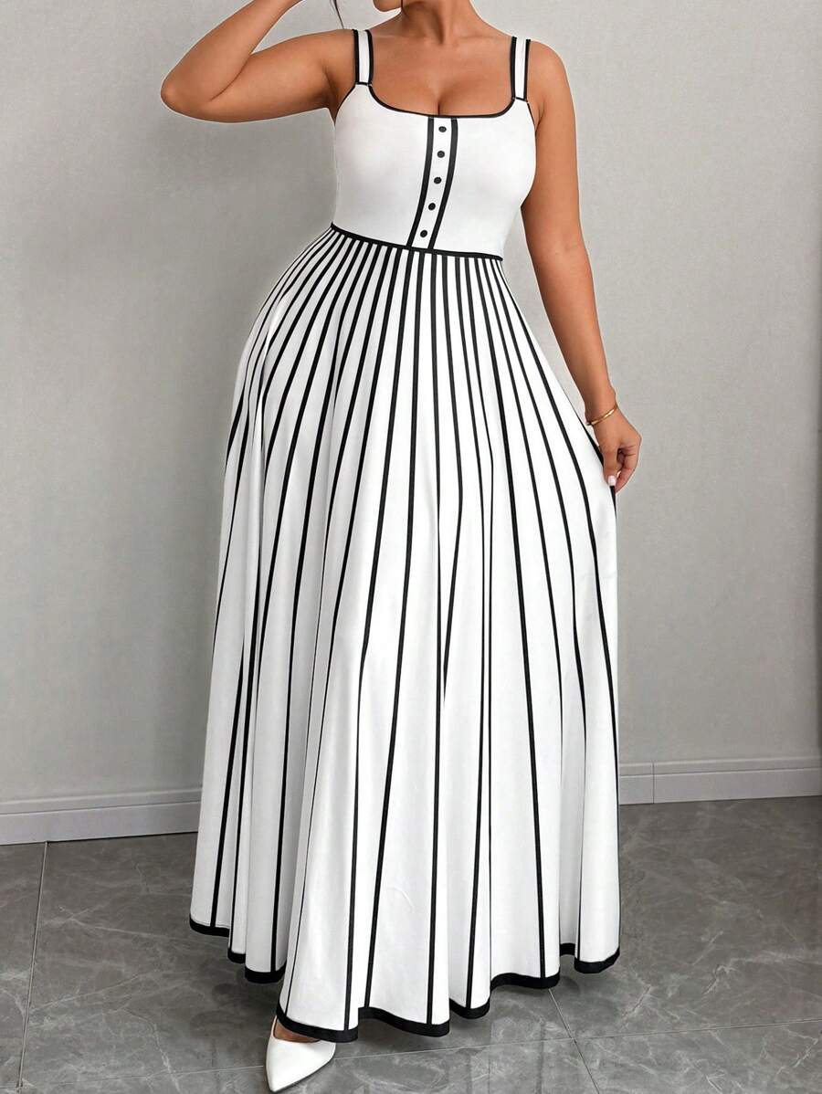 Elenzga Plus Size Women Summer Striped Maxi Casual Slip Dress - Black and White - View 1