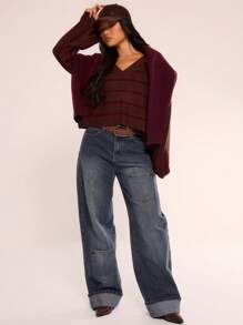 MUSERA Flare Sleeve V Neck Crop Jumper Evening Party Elegant Winter - Brown - View 4