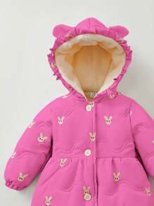 Baby Girls Cute Rabbit Pattern Hooded Padded Coat, Winter - Hot Pink - View 4