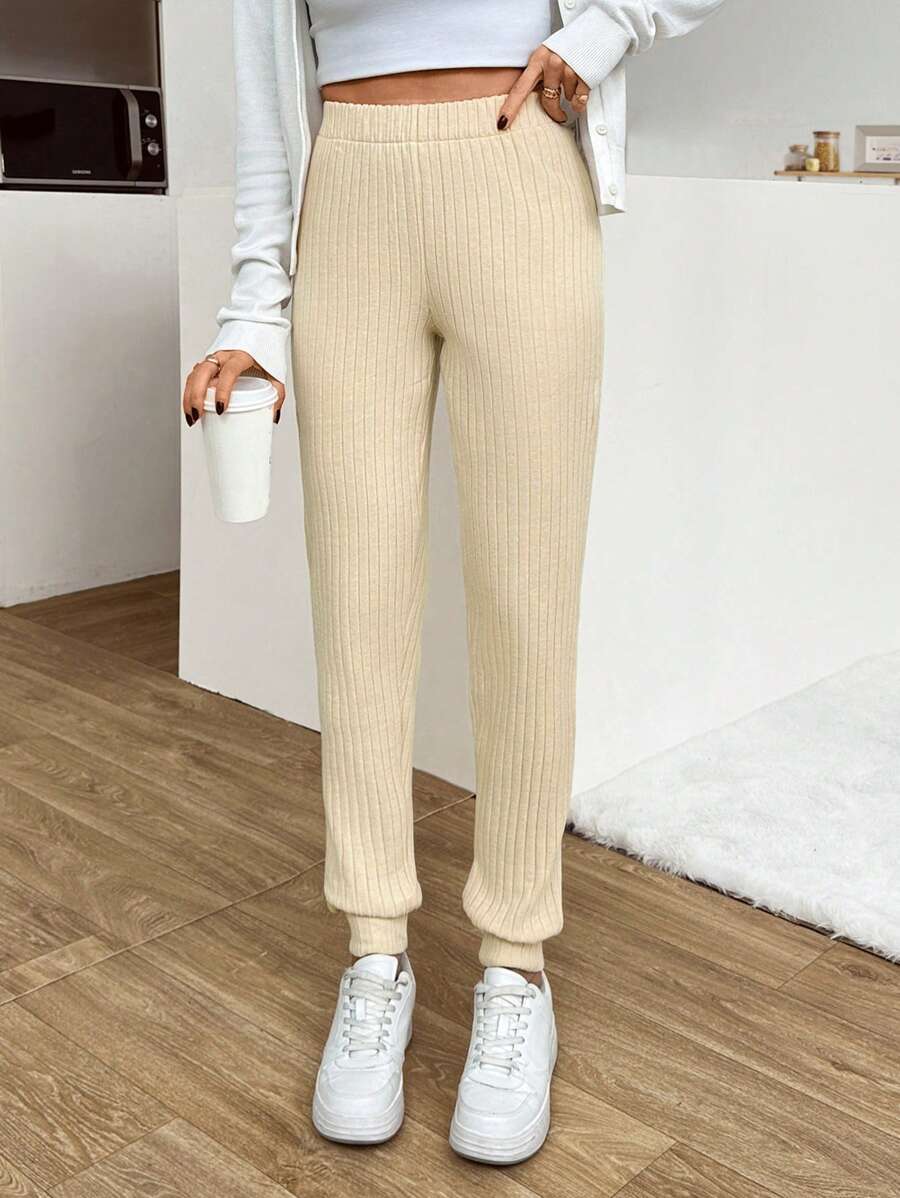 RueChic Women's Solid High Quality Casual Jogger Pants - Beige - View 1