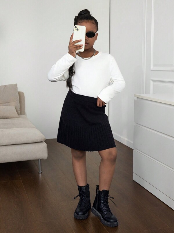 Falda de suéter tableada en línea A versátil y a juego en negro, ideal para la escuela y salidas para niñas preadolescentes
