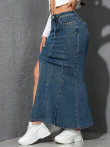 SHEIN EZwear Women Front Button Pocket Denim Casual Skirt, Everyday Wear - Medium Wash - View 7