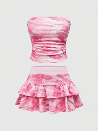 Grunge Punk Y2K Camouflage Allover Print Cropped Tube Top And Ultra Skirt 2 Pieces Set, Sexy