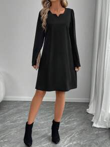 EMERY ROSE Blue Textured Fabric, Small Notched V-Neck,Fall Women Dresses - Black - View 5