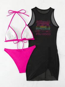 SHEIN Swim 3 件套女士海滩印花罩衫、胸罩和三角裤比基尼套装夏季 - 玫紅色 - 查看 2