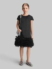 Ontre Tween Girl's Casual Contrast Mesh Splice Dress - Black - View 3