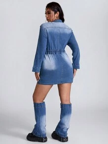SHEIN ICON Vestido Corpete Fashionable Casual Azul Desgastado com Gola Alta, Manga Longa e Elástico, com Meias Anexadas para Mulheres - Lavagem Média - Visão 2