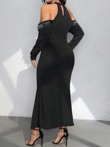 SHEIN Unity Vestido Elegante Longo Com Ombro Aberto, Manga Longa, Bainha de Sereia, Decorado com Strass, Plus Size, Conjunto Mulheres Maxivestido - Preto - Visão 2