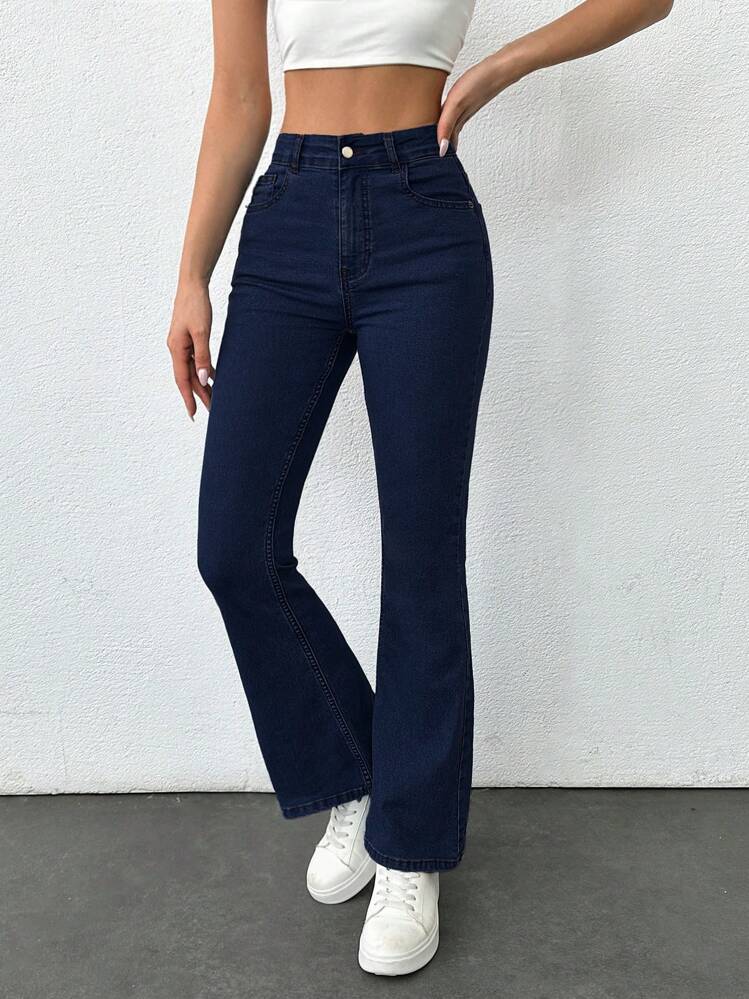 SHEIN PETITE CASUAL HIGH RISE SKINNY FLARED JEANS - Dark Wash - View 3