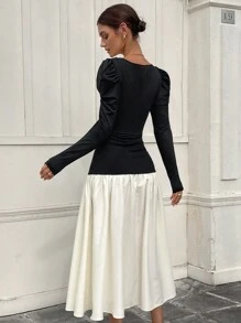 Chiquease 女装法式复古聚会约会度假方领优雅拼色黑白拼接长袖羊腿袖休闲针织高弹力A字下摆长裙超长款女装 - 彩色 - 查看 2