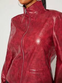 SHEIN SXY Cold Fall Winter Clothes Women's Autumn Zip-Up Red PU Leather Stand Collar Jacket
