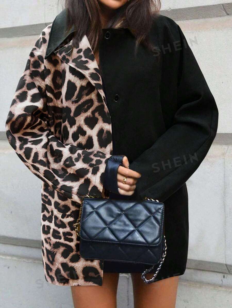 SHEIN Clasi Chaqueta regular de manga larga de uso versátil y casual con botones y estampado de leopardo para mujer