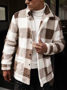 Manfinity Homme Men's Loose Fit Plaid Fleece Long Sleeve Single Breasted Casual Jacket, Autumn Winter,Men Flannel,Winter Men Jacket, Men Plaid Shacket, Men Checkered Jacket, Men Fleece Jacket, Men Brown And White Jacket - Khaki - View 5