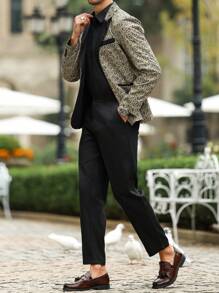 Manfinity AFTRDRK Men's Solid Color Patchwork Button Front Long Sleeve Top And Pants Suit Set, Simple - Gold - View 7