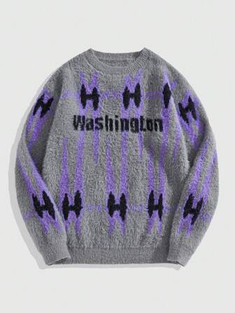 Street Life Men's Retro Letter Jacquard Crew Neck Pullover Sweater, American Hip-Hop Style