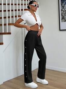 EURMUSE Plus Size Women Solid Color Cotton Wide Leg Side Detailed Sweatpant Oversized Pants - Black - View 5