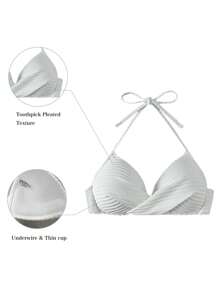 SHEIN Swim Women Texture Fabric Sexy Vacation Halter Push-Up Backless Bowknot Bikini Set Summer