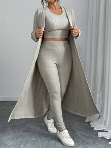 Flirla Women Plus Size Solid Color Long Sleeve Open Front Jacket, Round Neck Cropped Vest And Pants Casual 3-Piece Set, Autumn - Grey - View 6