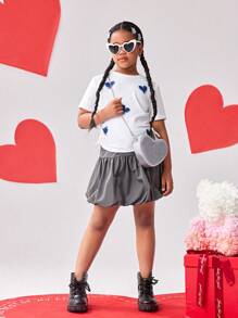 SHEIN Explorewe Tween Girls Shirred Heart Print Short Sleeve White T-Shirt With Unique Structural Design, Suitable For Outings, School And All Seasons - White - View 4
