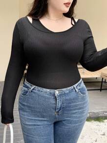Dazy Plus Ribbed Elastic Fitted Belt Solid Color Long Sleeve Black T-Shirt, Spring/Summer/Autumn