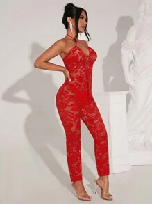 SHEIN SXY 女士性感透明蕾丝交叉吊带紧身连身裤 - 紅色 - 查看 6