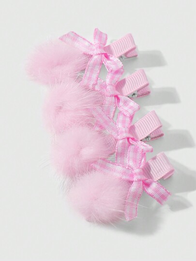 Kawaii 4 pezzi, serie rosa alla moda e di alta qualità: pompon in pelliccia sintetica, fiocco in tessuto scozzese, molletta a coccodrillo e mollette laterali, adatte per ragazze e donne, accessori quotidiani e regali per le vacanze