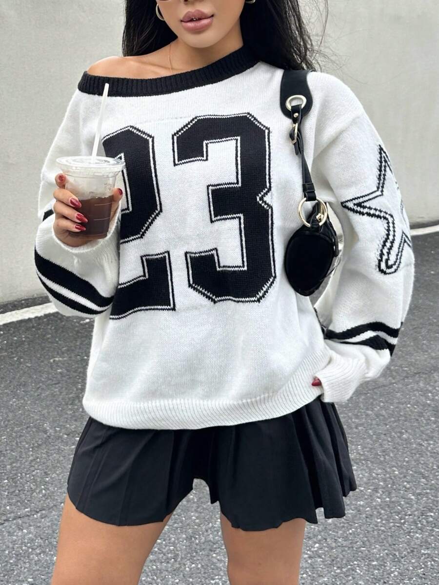 SHEIN EZwear Women's Asymmetric Collar Striped Casual Loose Long Sleeve Knit Sweater, Autumn/Winter