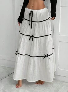 SHEIN EZwear Women's Color Block Front Tie Bow Decor Casual A-Line Skirt - White - View 5