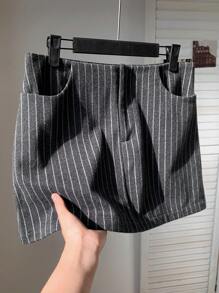 SHEIN EZwear Stripe Going Out Low Waist Solid Straight Grey Mini Skirt - Grey - View 4