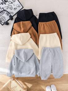 SHEIN Leap Crew Set de 8 piezas de sudadera con capucha con estampado de letras y pantalones de cintura elástica básicos y casuales para niño y niña bebé, multicolor, adecuado para otoño e invierno - Caqui - Ver 2