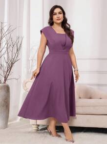 Modelyn Burgundy Red Elegant Plus Size Square Neck Short Sleeve Party Dress - Purple - View 6