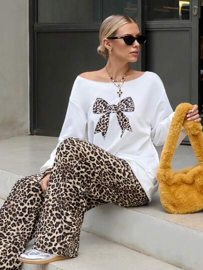 SHEIN EZwear Sudadera holgada de manga larga delgada con estampado de leopardo y lazo, en color blanco, para mujer, para otoño/invierno