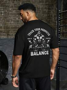 Manfinity Sport PWRUP 男式标语和大猩猩印花圆领短袖运动T恤健身上衣透气 - 黑色 - 查看 3