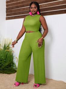 Slaydiva Plus Size Elegant Basic - Elastic Knitted Textured Fitted Green Tank Top & Pants Set - Olive Green - View 4