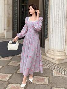 DAZY Đầm maxi dài ngang gối bằng chiffon họa tiết hoa nhí thanh lịch dành cho nữ, thích hợp cho mùa xuân/thu, tay dài. - Nhiều màu - Xem 4